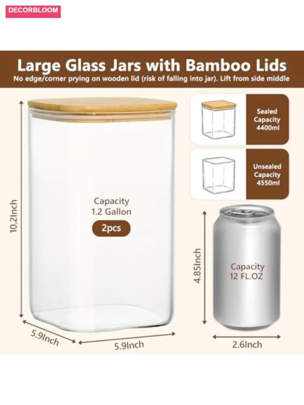 1.2 Gallon Glass Flour Storage Containers with Bamboo Lids Set of 2
